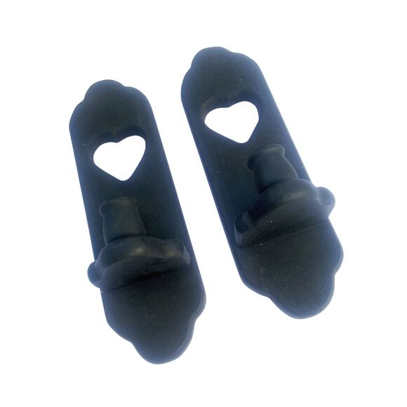 Vtg Black Country Wooden Wall Sconces w/ Heart Cutouts Candle Holder Farmhouse - Picture 3 of 5